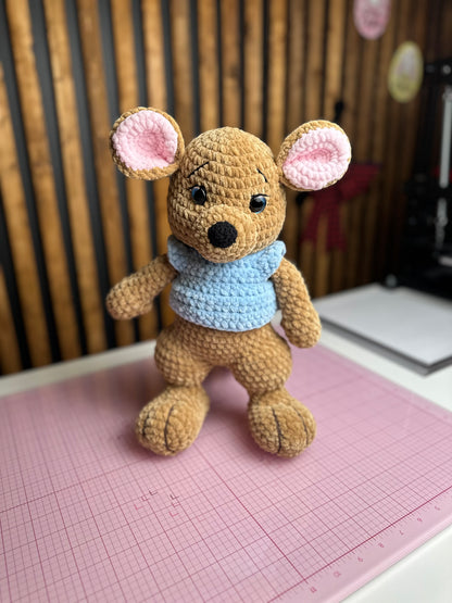 Handmade Crochet Kangaroo Plush – Amigurumi Toy with Blue Sweater
