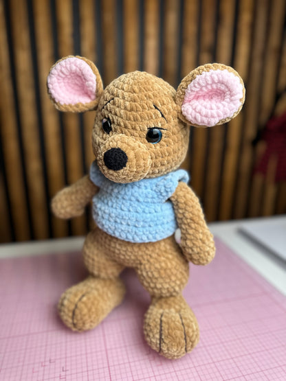 Handmade Crochet Kangaroo Plush – Amigurumi Toy with Blue Sweater