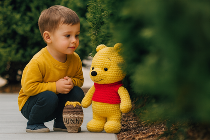 Handmade Crochet Bear Plush with Honey Pot – Amigurumi Stuffed Animal