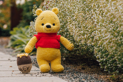 Handmade Crochet Bear Plush with Honey Pot – Amigurumi Stuffed Animal