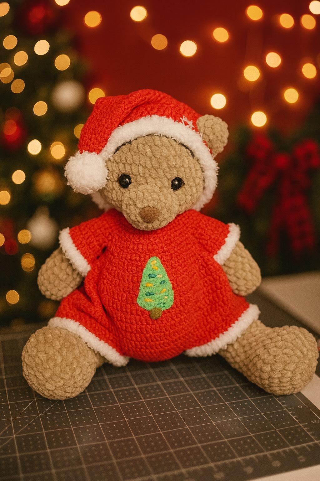 Handmade Christmas Teddy Bear Plush – Santa Outfit with Mini Tree