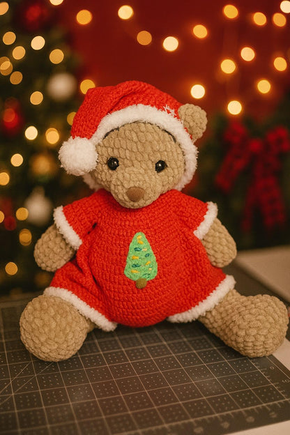 Handmade Christmas Teddy Bear Plush – Santa Outfit with Mini Tree