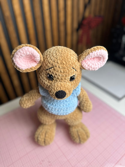 Handmade Crochet Kangaroo Plush – Amigurumi Toy with Blue Sweater
