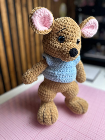 Handmade Crochet Kangaroo Plush – Amigurumi Toy with Blue Sweater