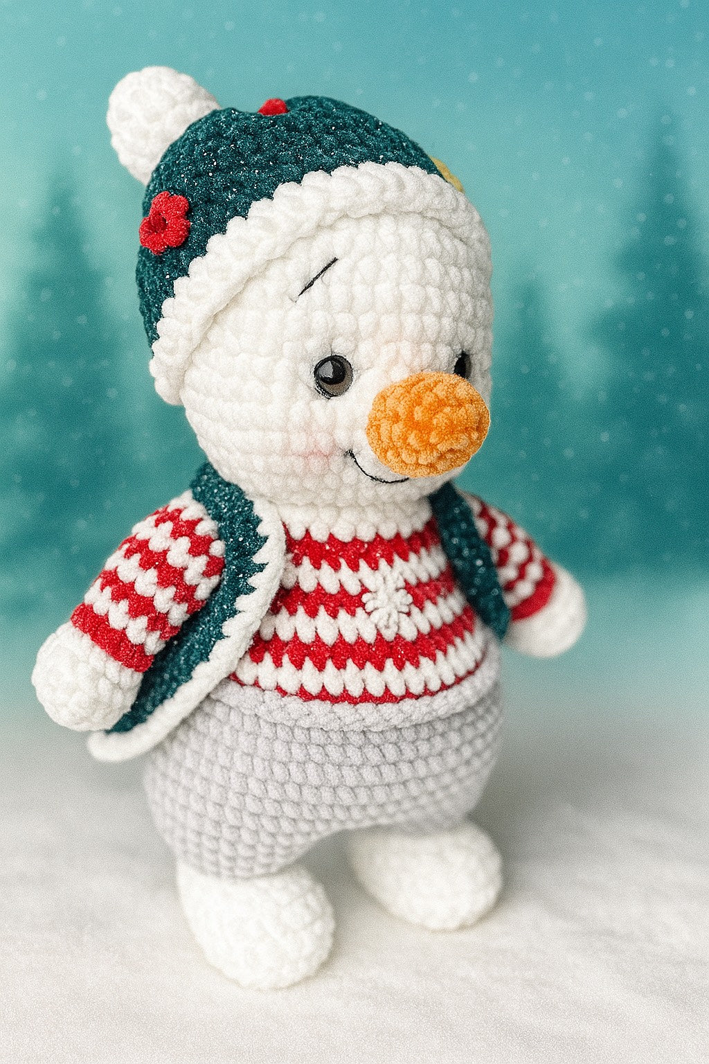 Handmade Crochet Snowman Plush, Holiday Decor with Red Sweater