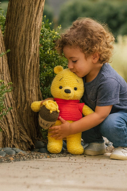 Handmade Crochet Bear Plush with Honey Pot – Amigurumi Stuffed Animal