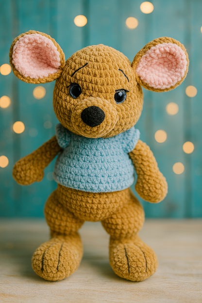 Handmade Crochet Kangaroo Plush – Amigurumi Toy with Blue Sweater