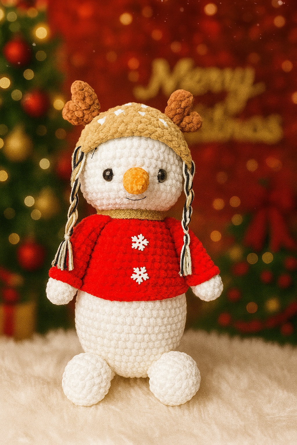 Handmade Crochet Snowman Plush – Christmas Doll with Reindeer Hat