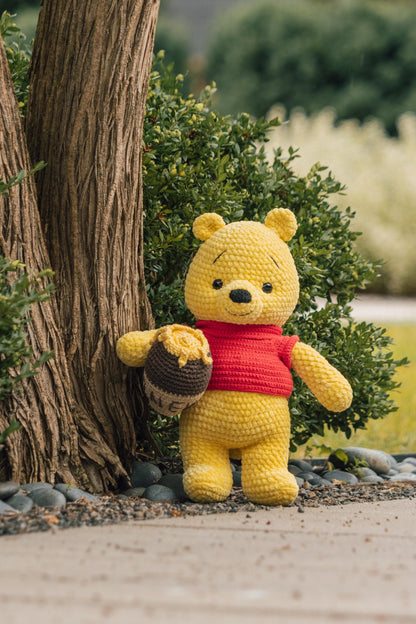 Handmade Crochet Bear Plush with Honey Pot – Amigurumi Stuffed Animal
