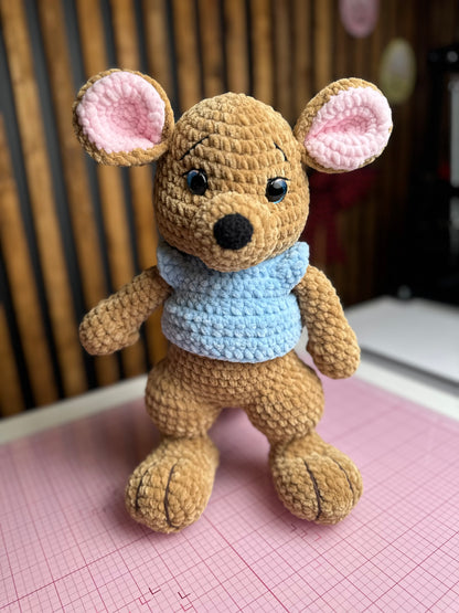 Handmade Crochet Kangaroo Plush – Amigurumi Toy with Blue Sweater