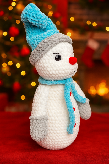 Handmade Crochet Snowman Plush – Soft Chenille Winter Decor