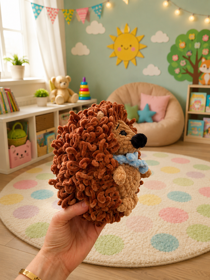 Handmade Crochet Hedgehog Plush Toy with Blue Scarf | Soft Amigurumi Stuffed Animal