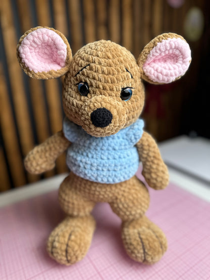 Handmade Crochet Kangaroo Plush – Amigurumi Toy with Blue Sweater