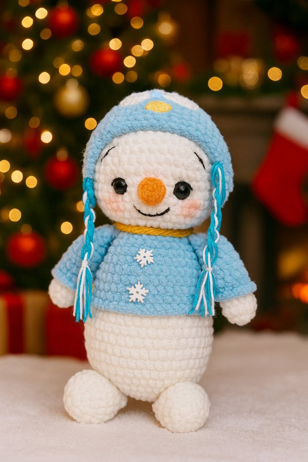 Handmade Crochet Snowman Plush – Blue Winter Amigurumi Doll