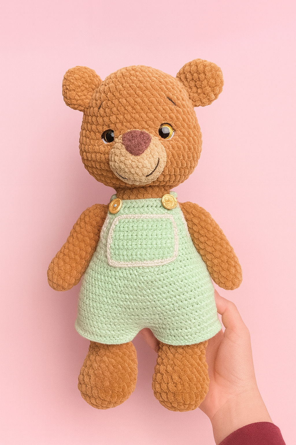 Handmade Crochet Plush Bear – Amigurumi Teddy with Mint Overalls