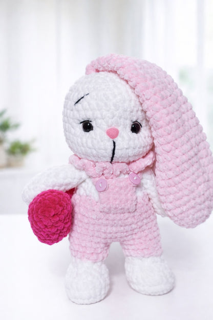 Handmade Crochet Bunny Plush with Heart Pink Amigurumi Gift