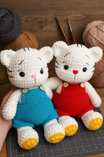 Crochet White Cat Plushie in Red Overalls: Handmade Amigurumi Toy