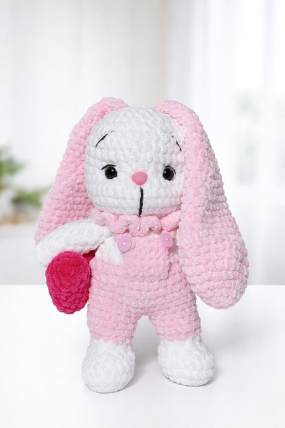 Handmade Crochet Bunny Plush with Heart Pink Amigurumi Gift
