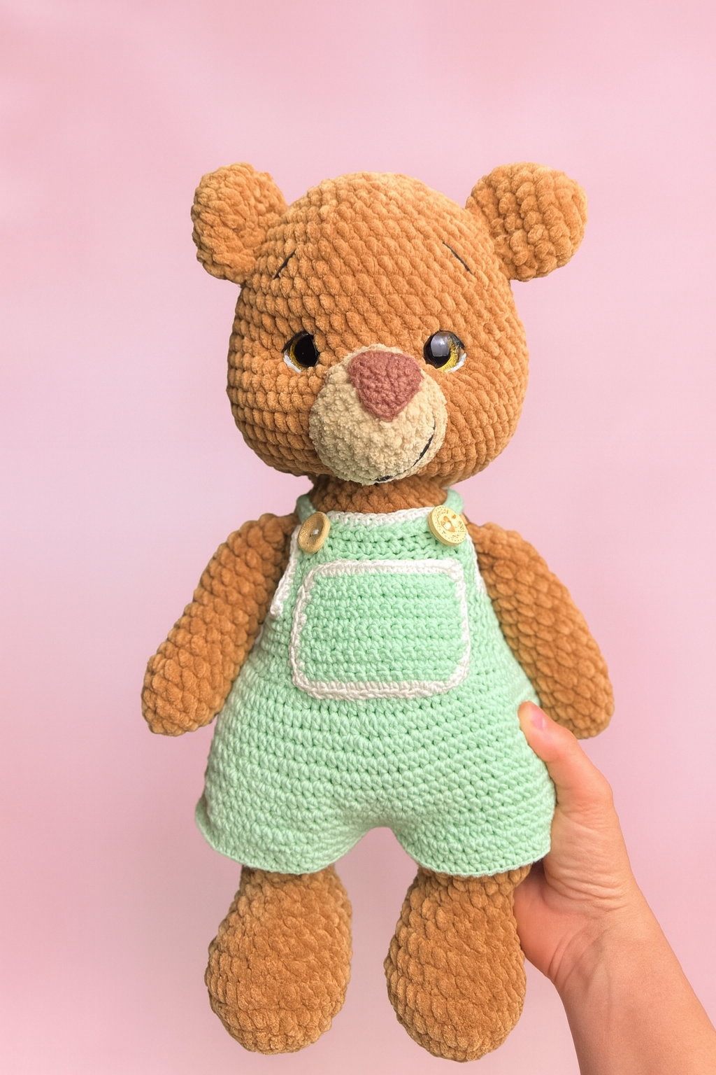 Handmade Crochet Plush Bear – Amigurumi Teddy with Mint Overalls
