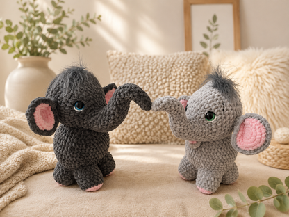 Crochet Elephant Plush Pair – Handmade Amigurumi Stuffed Elephants | Soft Baby Nursery Gift