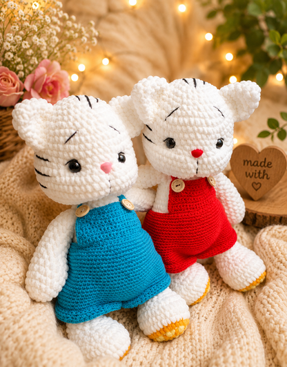 Crochet White Cat Plushie in Red Overalls: Handmade Amigurumi Toy