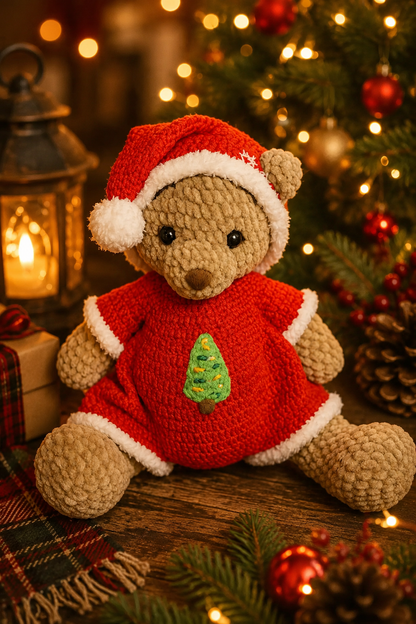 Handmade Christmas Teddy Bear Plush – Santa Outfit with Mini Tree