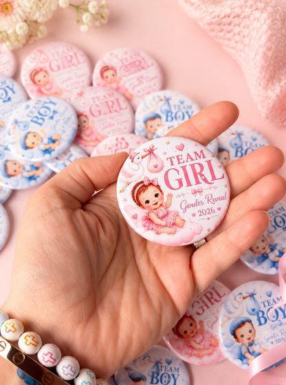 Team Girl & Team Boy Gender Reveal Pins – Baby Shower Party Buttons for Guests