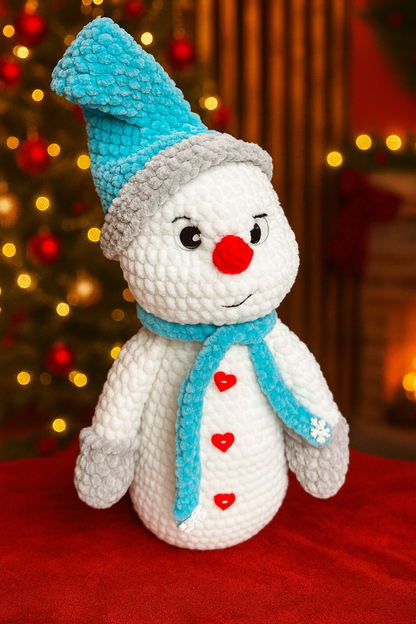 Handmade Crochet Snowman Plush – Soft Chenille Winter Decor