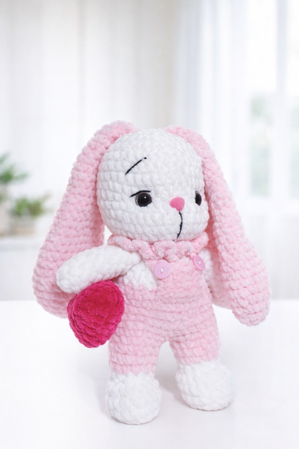 Handmade Crochet Bunny Plush with Heart Pink Amigurumi Gift