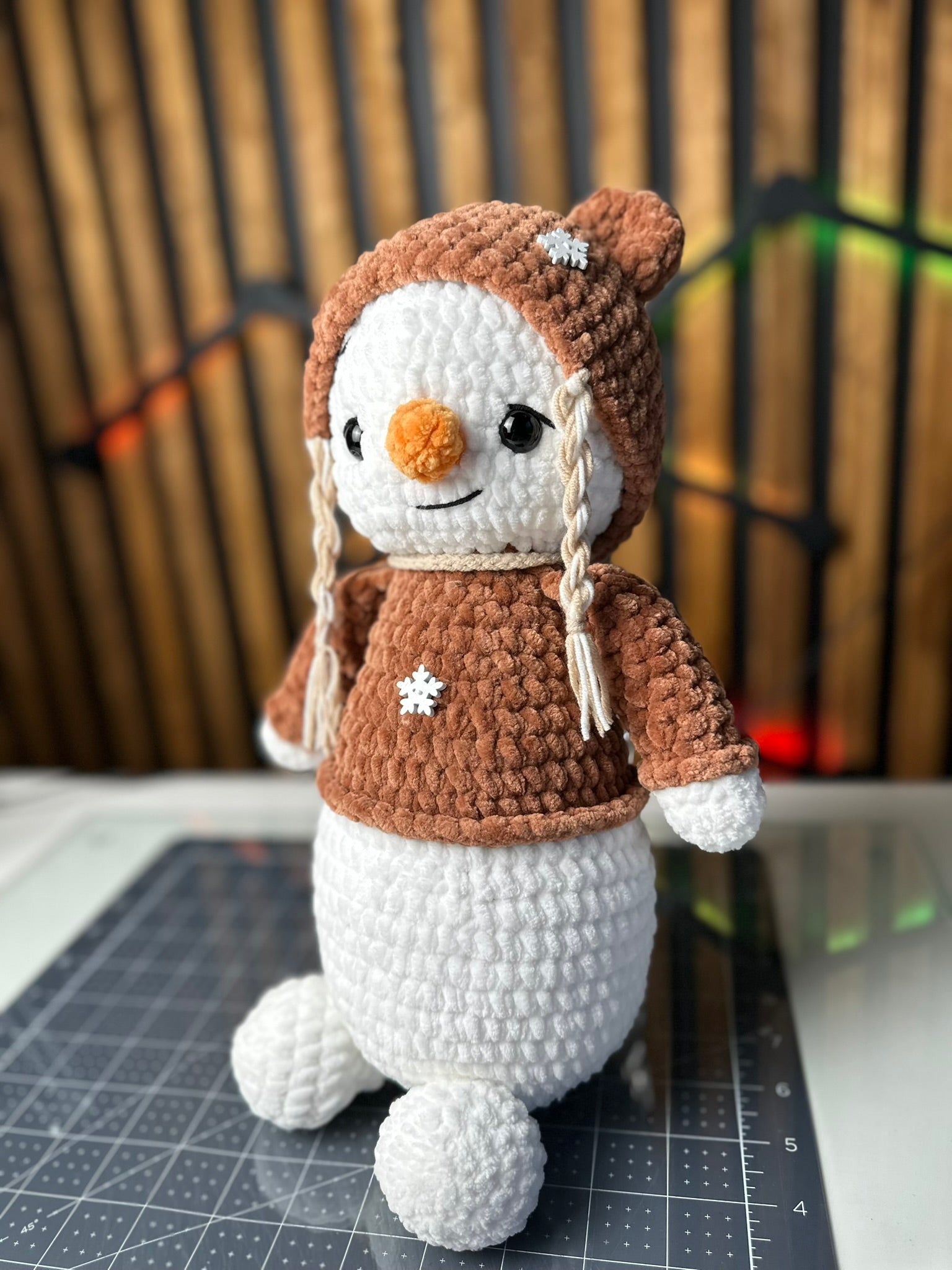 Handmade Crochet Snowman Plush – Christmas Doll with Bear Hat